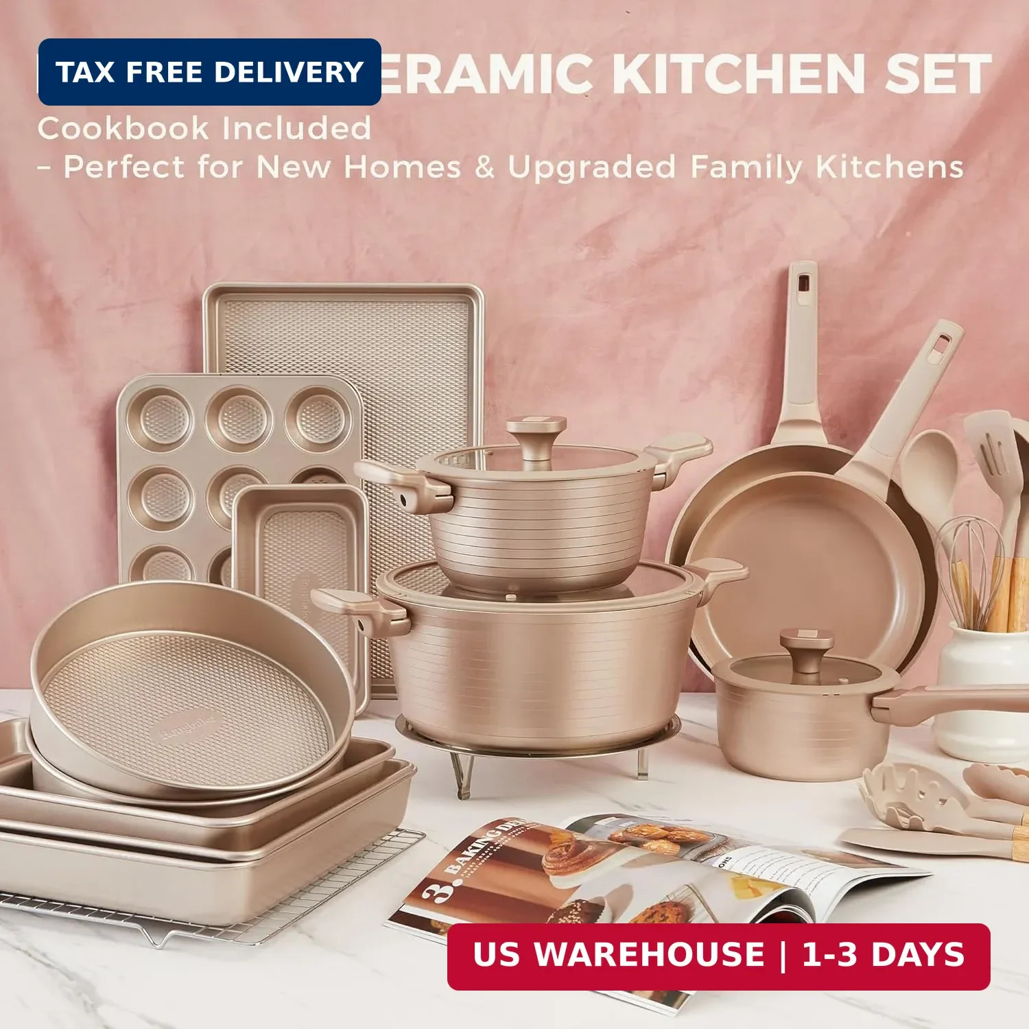 HONGBAKE Pots and Pans Set Nonstick, 26 Pcs All-in-One Kitchen Starter Set with