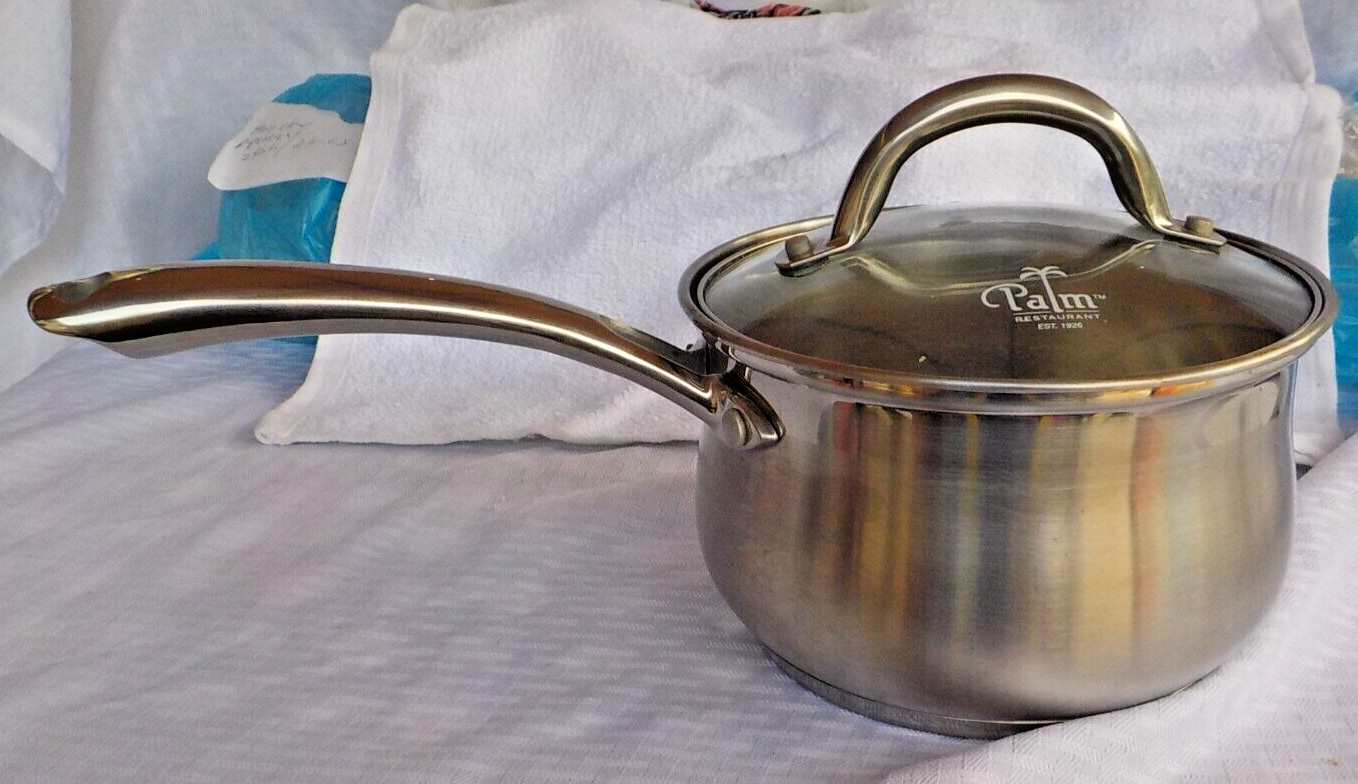 Palm Restaurant long handle pot w/ lid 4.25″ tall x 7″ across the top