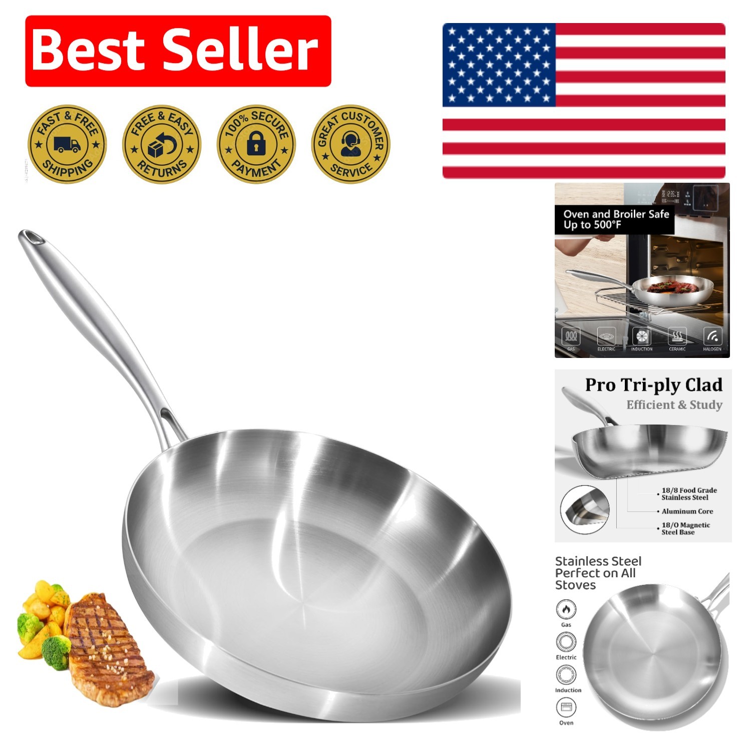 Durable 12 Inch Tri-Ply Frying Pan for Perfect Searing & Sautéing – Oven Safe