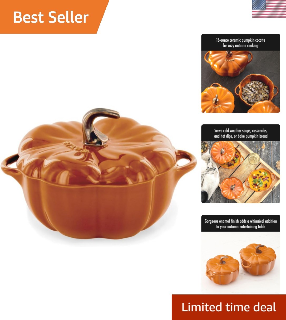 Ceramic 16-oz Petite Pumpkin Cocotte – Burnt Orange