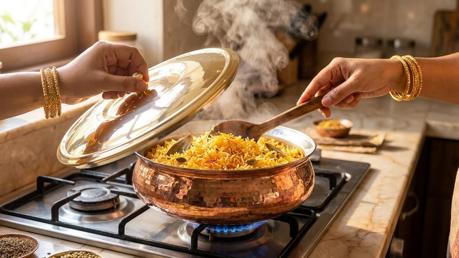 Copper Hammered Biryani Handi with Brass Lid, Tin-Coated Cooking Pot, 4 Liters
