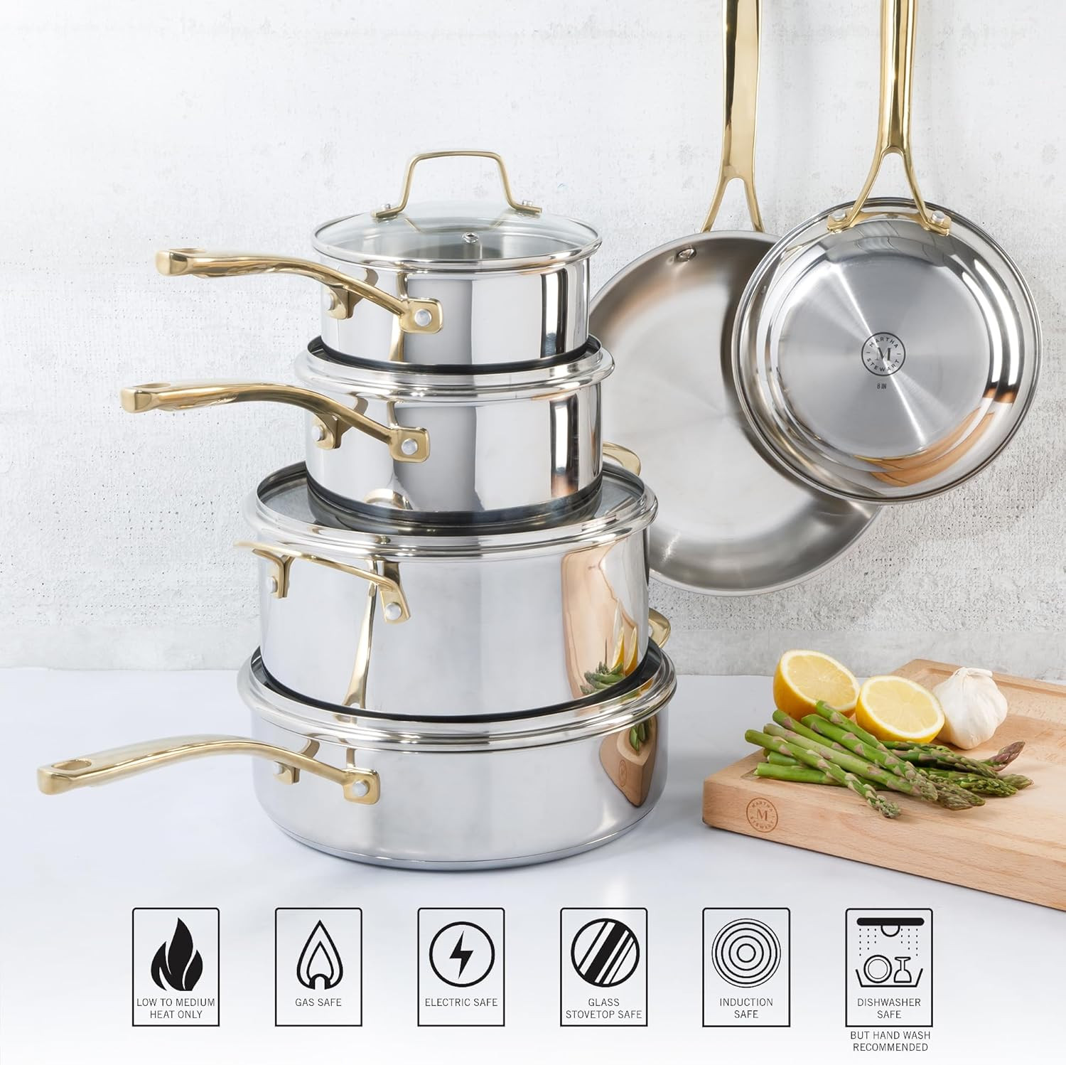 Castelle 10 Piece 18/8 Durable Stainless Steel Induction Safe Pots and Pans Non-