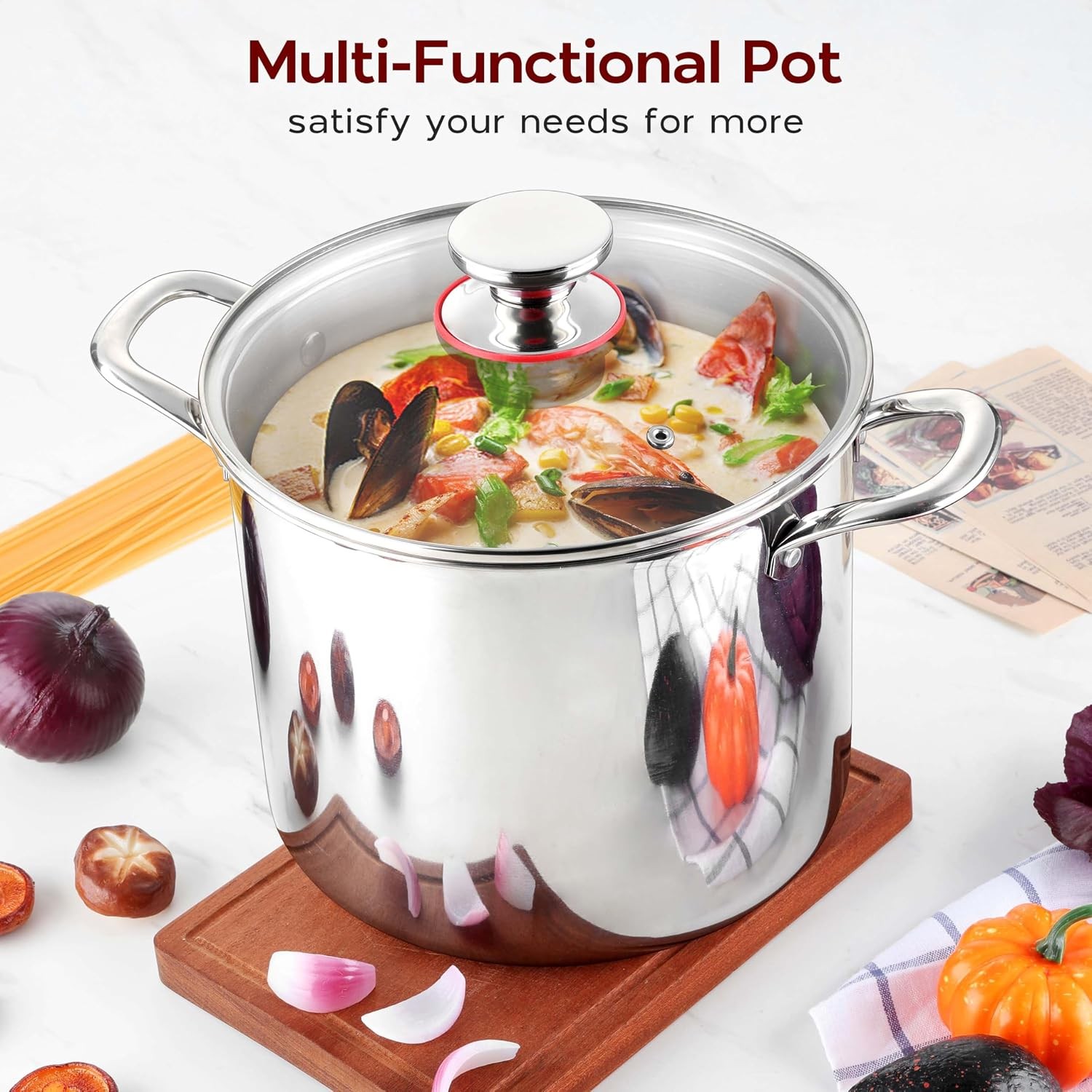 12QT Large Stainless Steel Stock Pot with Lid, Tri-ply Cooking Soup Stockpot
