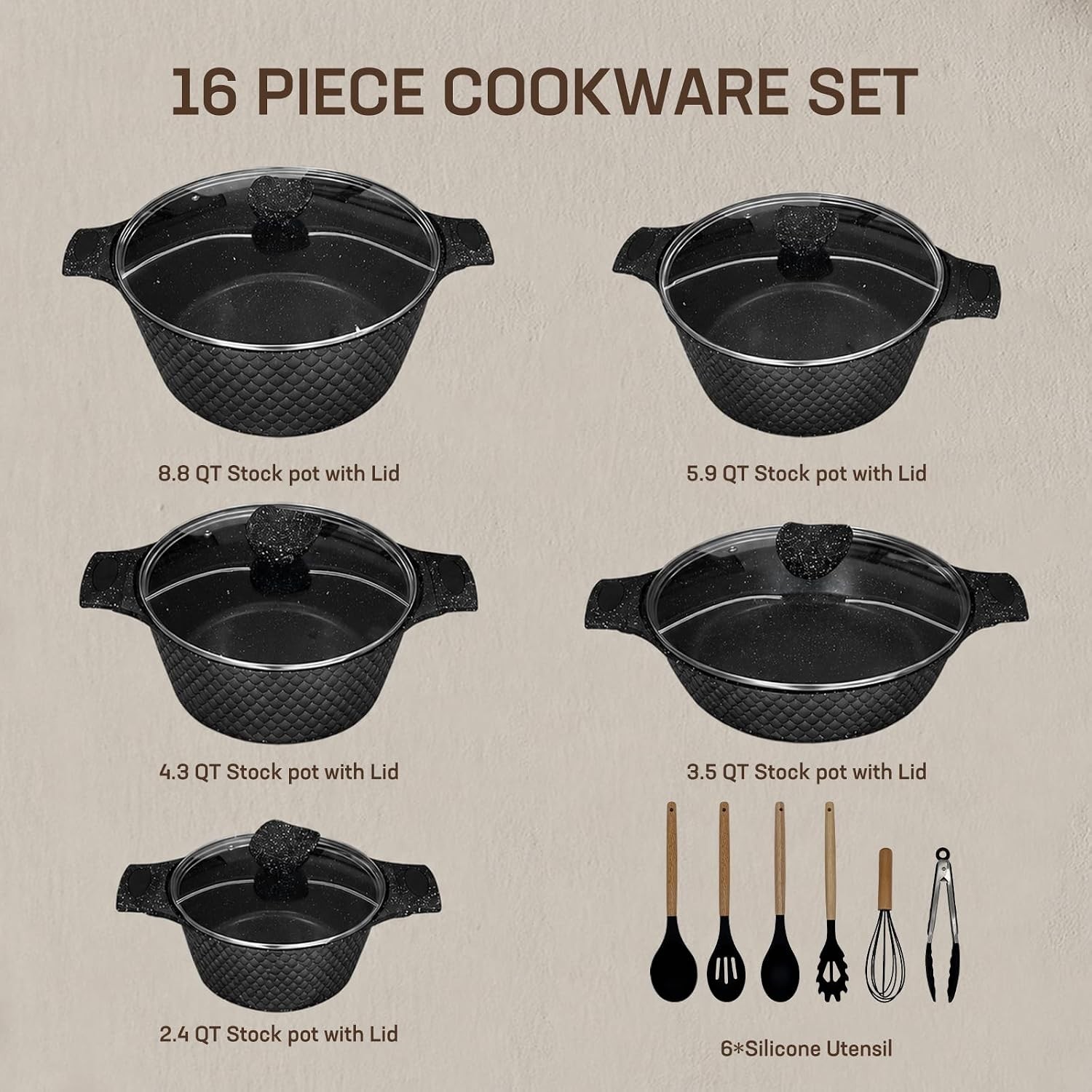 16PCS Cookware Set – Home Nonstick Stock Pot with Glass Lid, Pots and Pans Set,