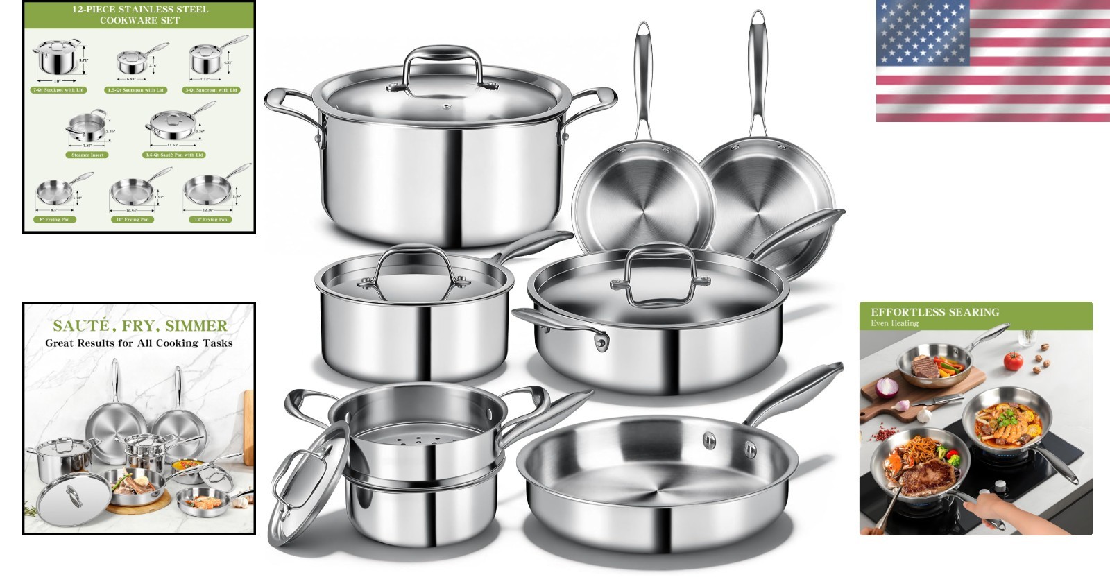12-Piece Triple Ply Stainless Steel Cookware Set – Induction & Dishwasher Safe