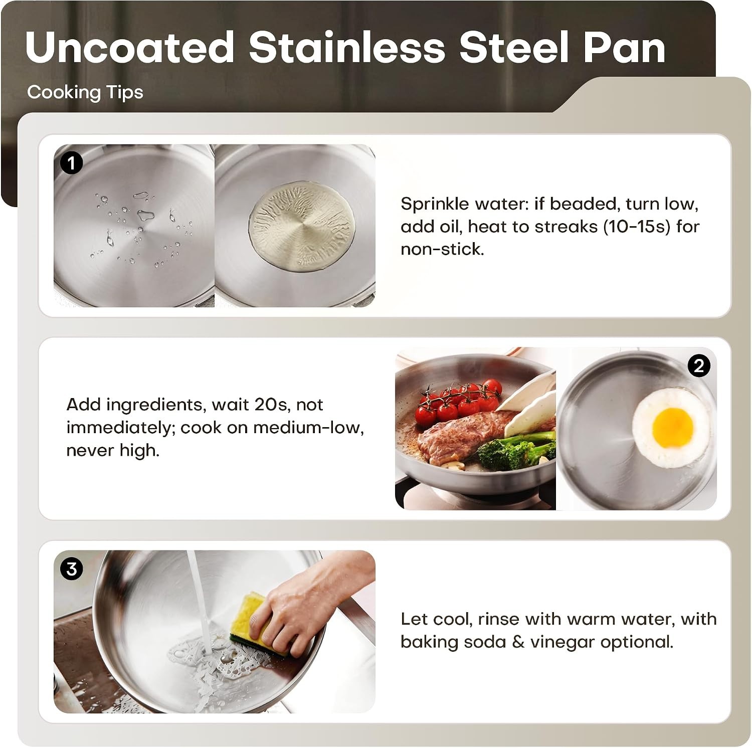 12 Inch Tri-Ply Stainless Steel Frying Pan, Compatible with All Cooktops Up to 6