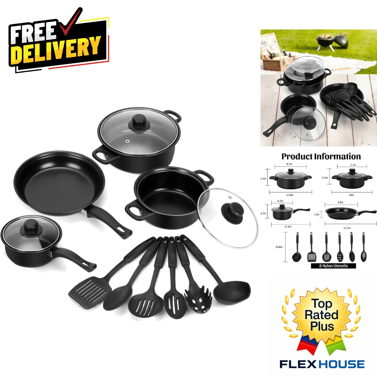 Portable 13-Piece Non-Stick Camping Cookware Set with Nylon Utensils – Red Style