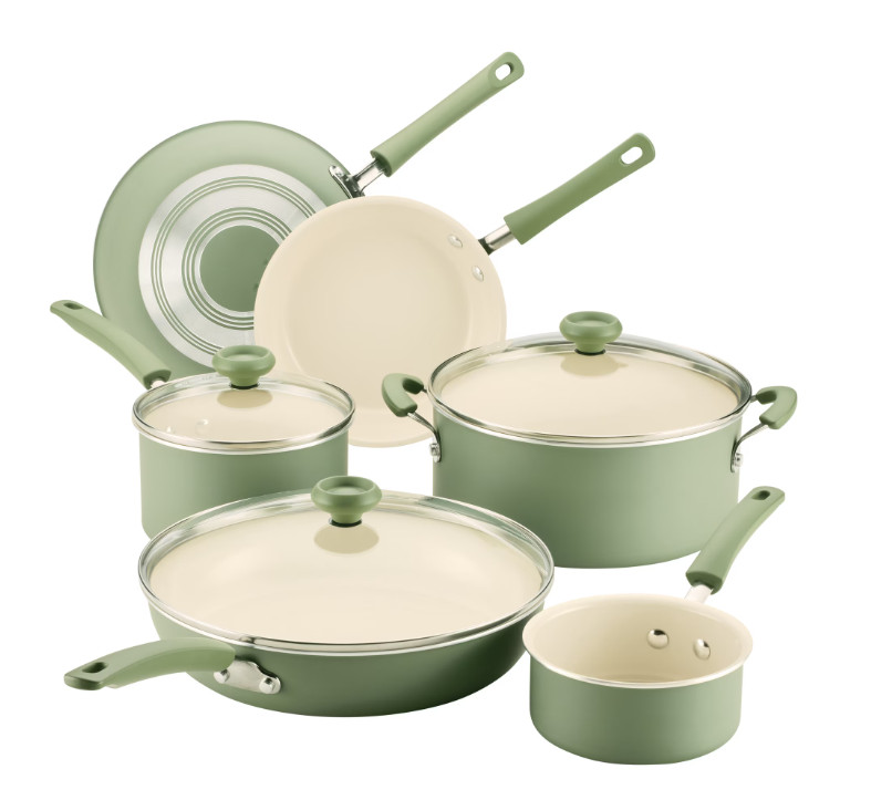 14 Piece Ceramic Nonstick Cookware Set with Cooking Tools, Dishwasher Safe,Green
