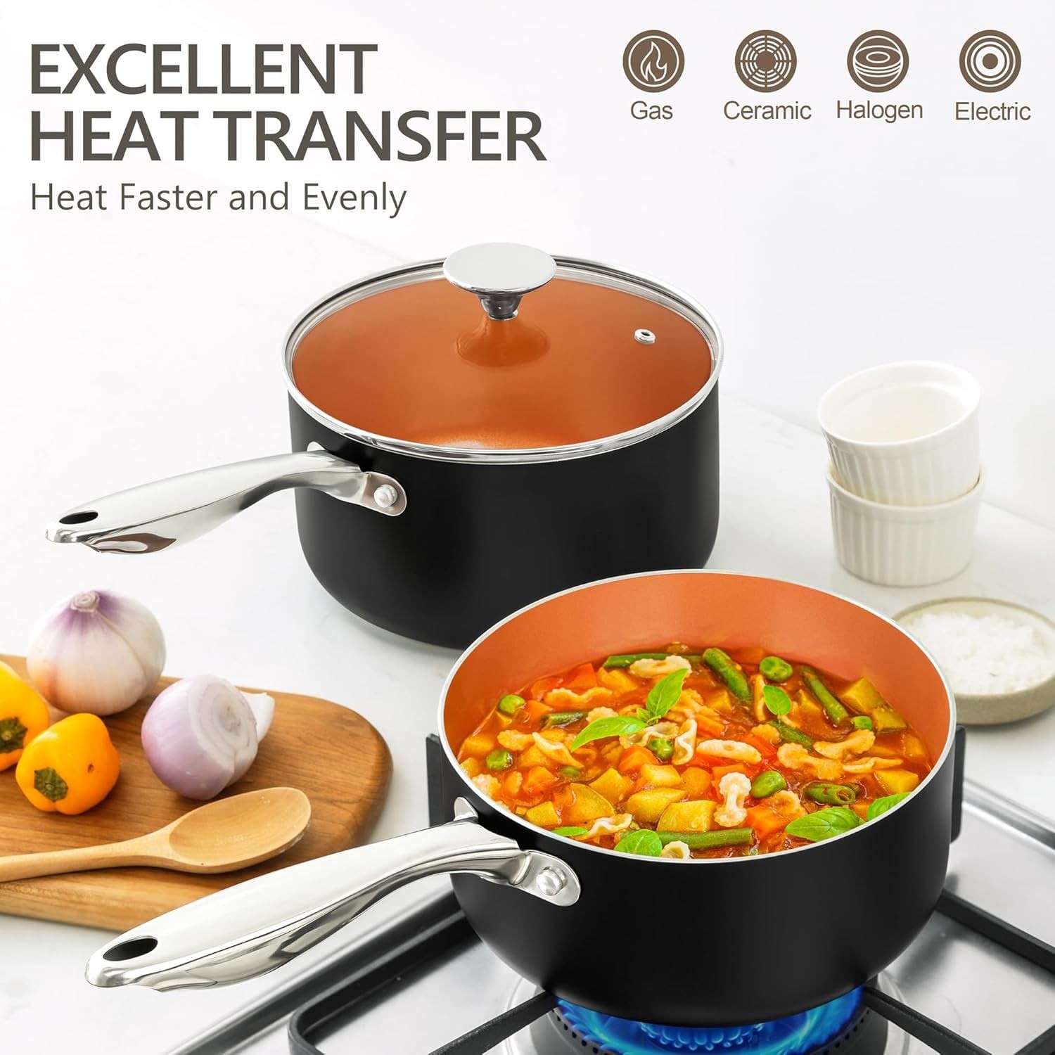 Nonstick 2 Quart Sauce Pan with Lid, Ultra-Nonstick Copper Sauce Pot 2 Qt, Ce…
