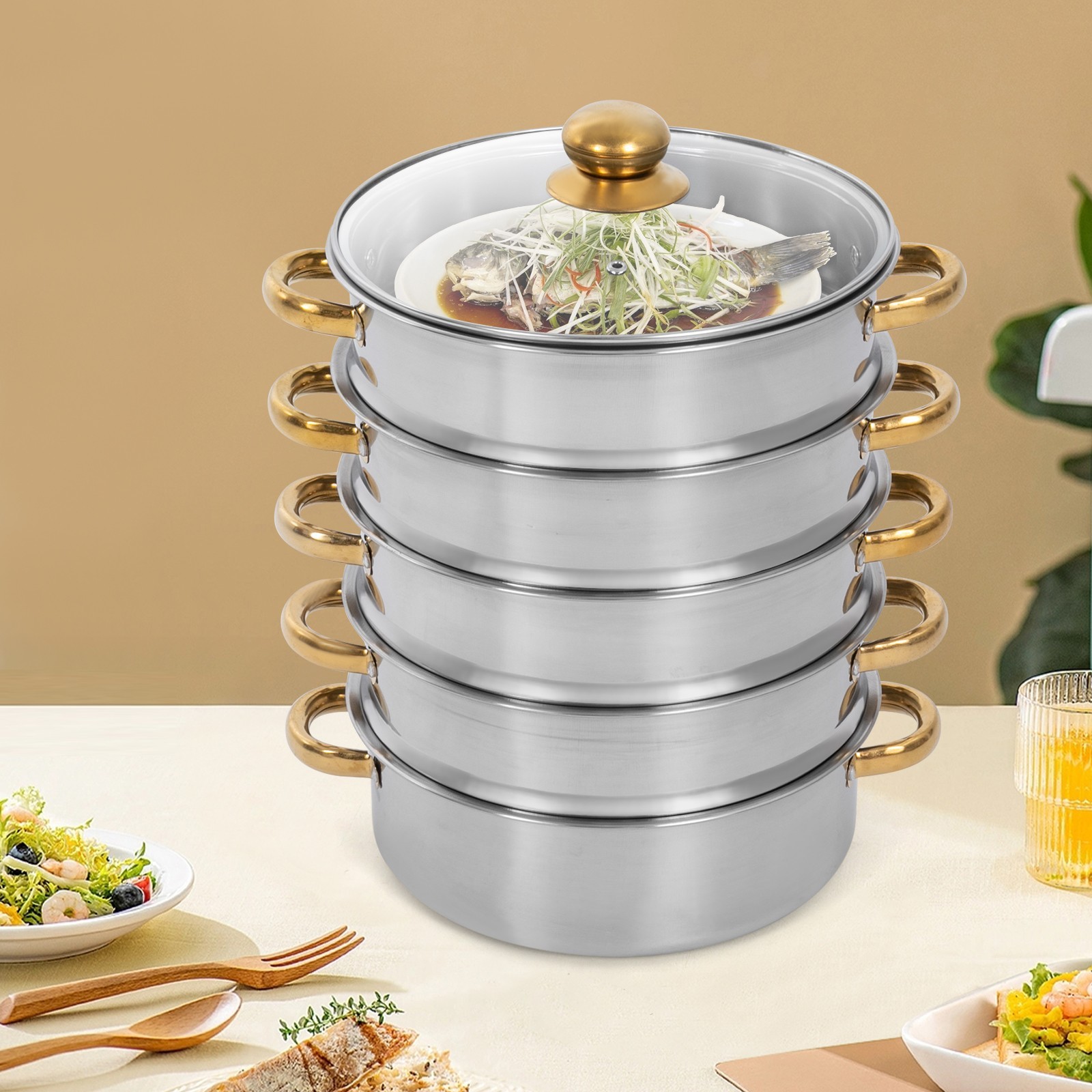 7.4QT Stainless Steel Steam Pot w/ 5 Tier Steamer Basket & Glass Lid for Cooking