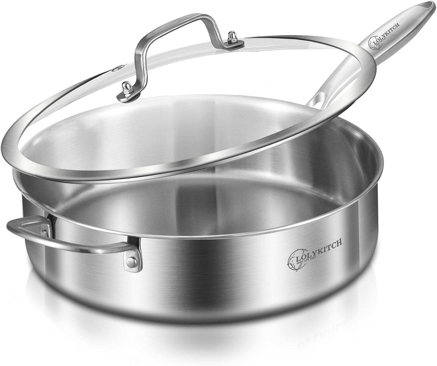 6QT Tri-Ply Stainless Steel Saute Pan w Lid Induction Oven Safe Detach Handle XL