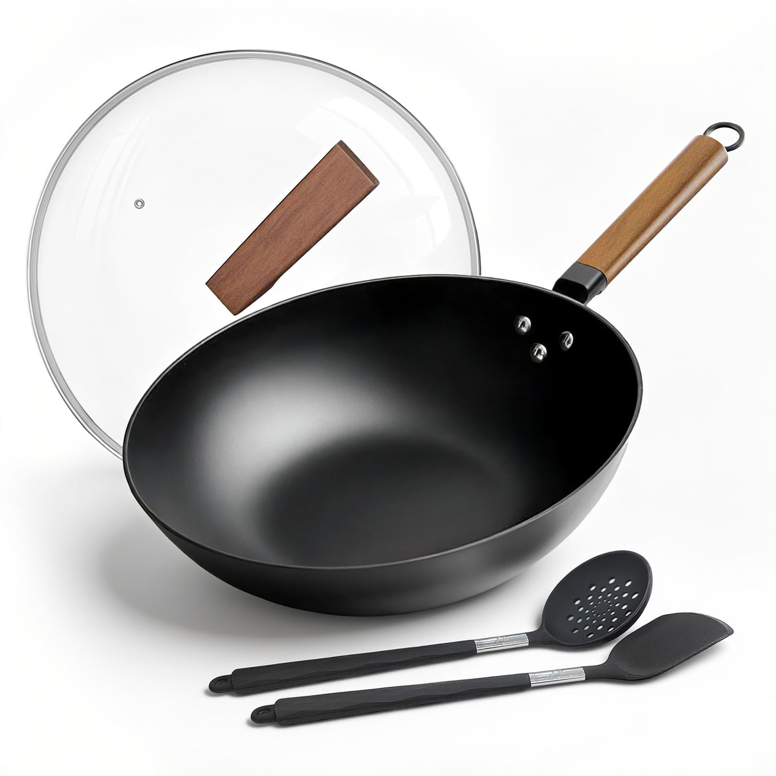 13 Inch Carbon Steel Wok Nonstick StirFry Pan With Lid Stovetop Cookware
