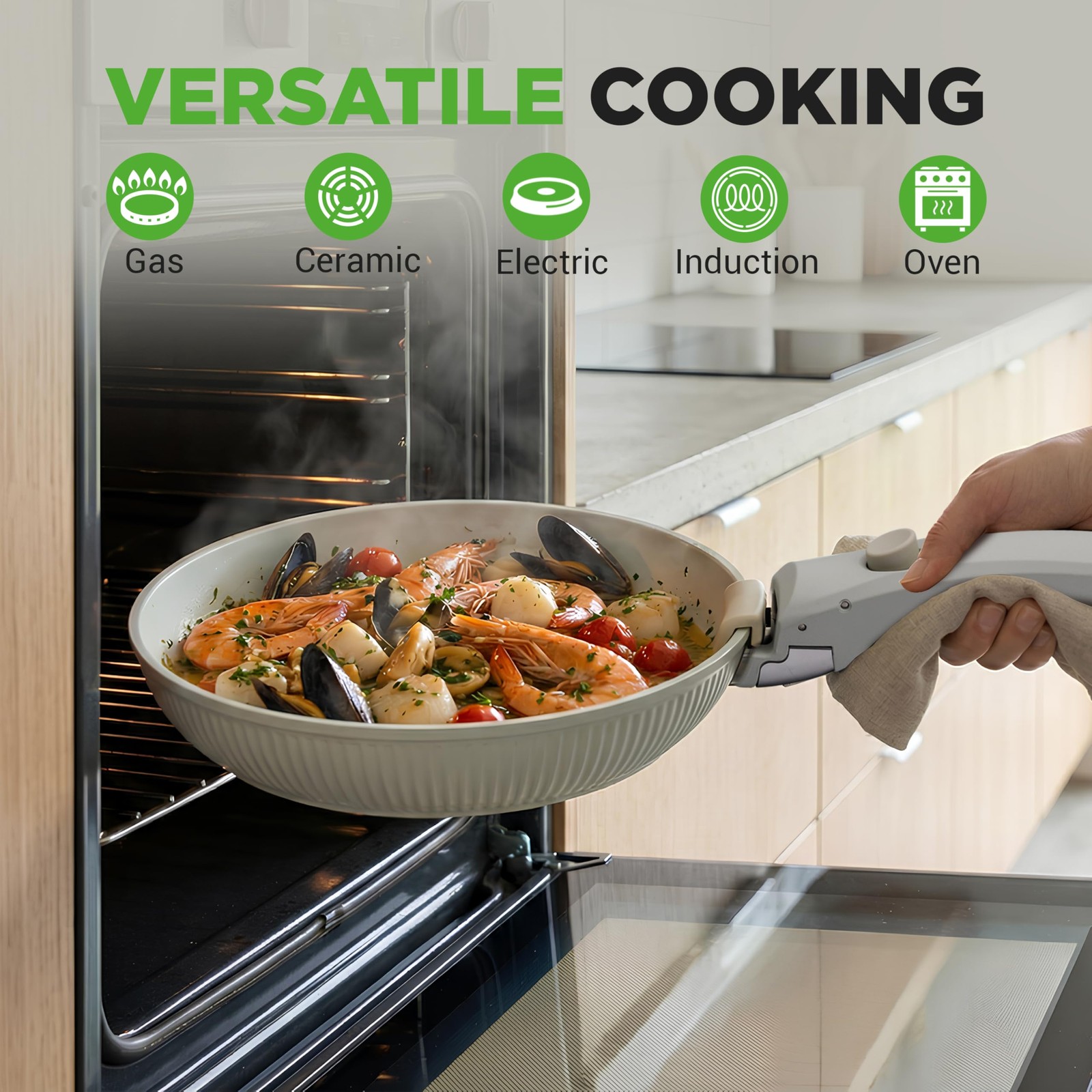 NutriChef 18-Piece Ceramic Cookware Set with Detachable Handles – Green