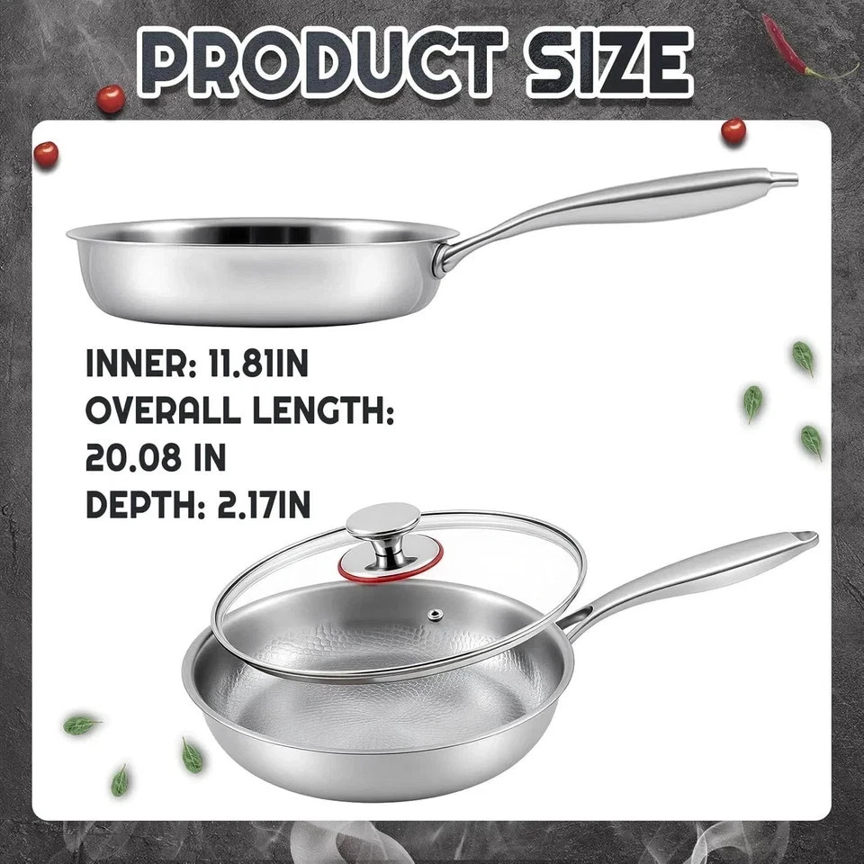 Pure Titanium Hammered Frying Pan with Lid, 12 Inch Skillet, No Coating Cookw…