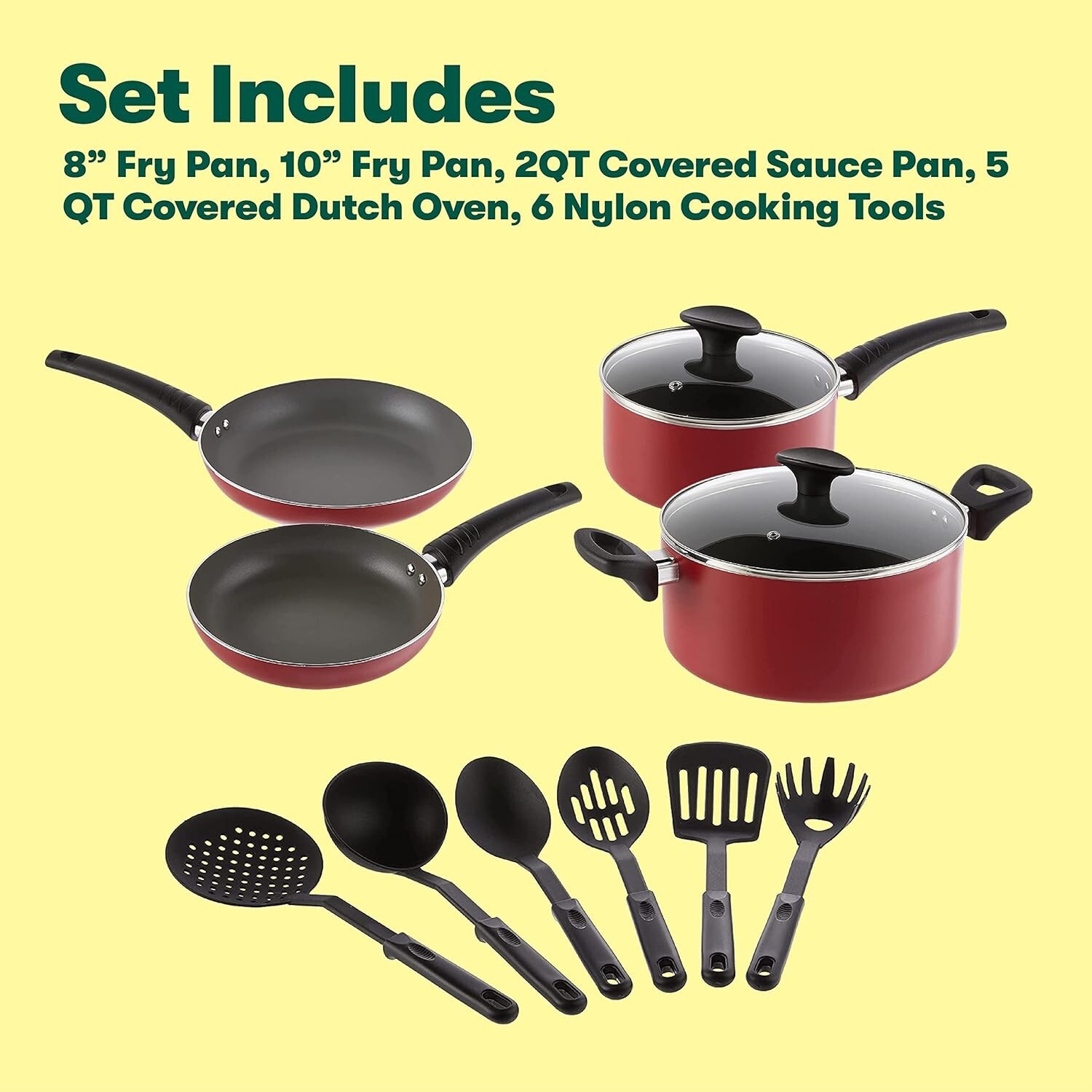 12 Piece Nonstick Cookware Set with Utensils – Compatible with All Stoves – Red