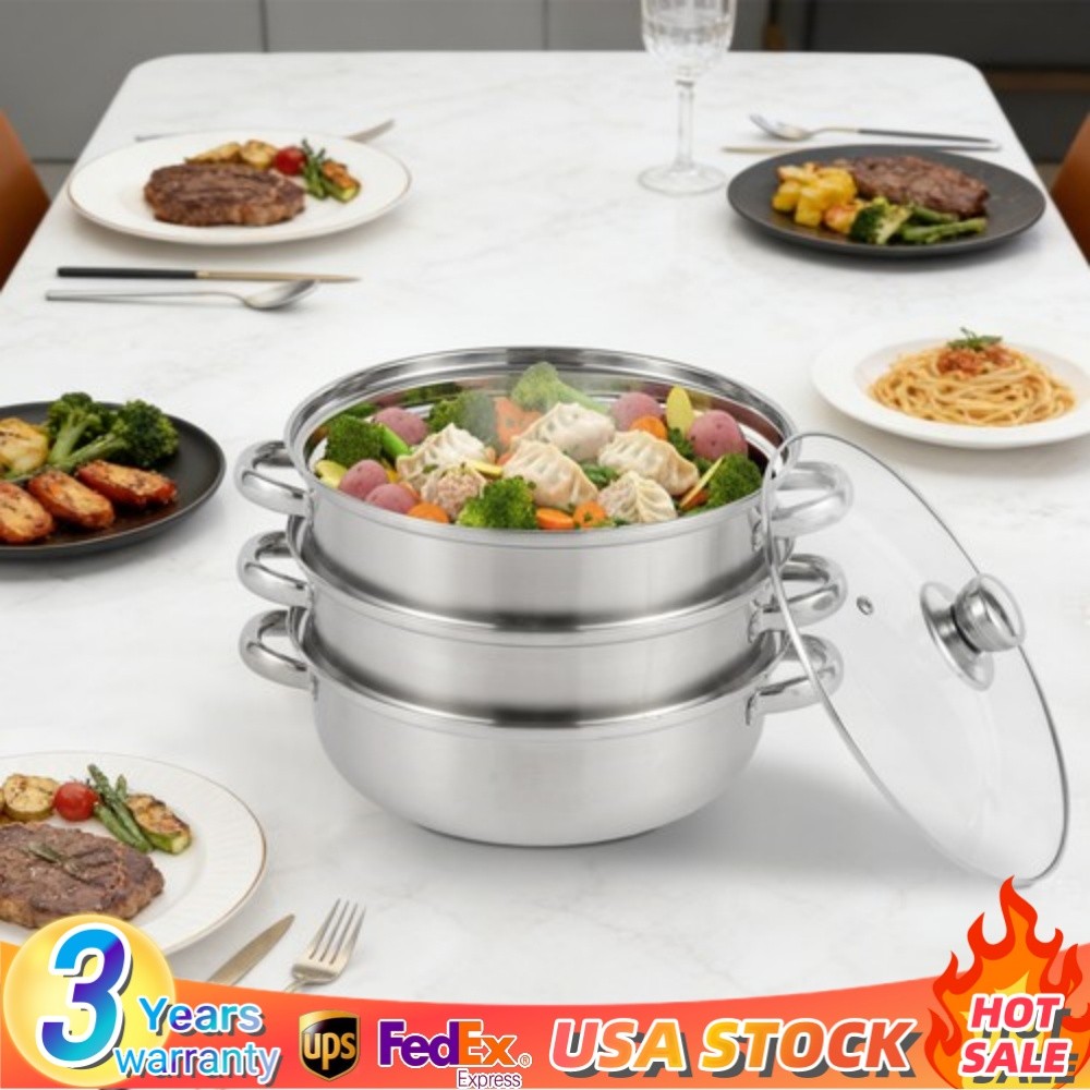3 Tier Steamer Hot Pot Stainless Steel Cooker Steam Pot Food Cooking + Glass Lid
