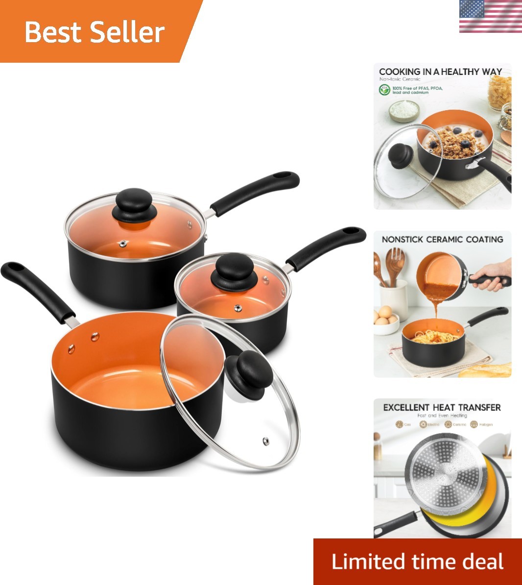 Nonstick Sauce Pan with Lid 1QT, 2QT & 3QT, Ceramic Saucepan Set, Copper Sauc…