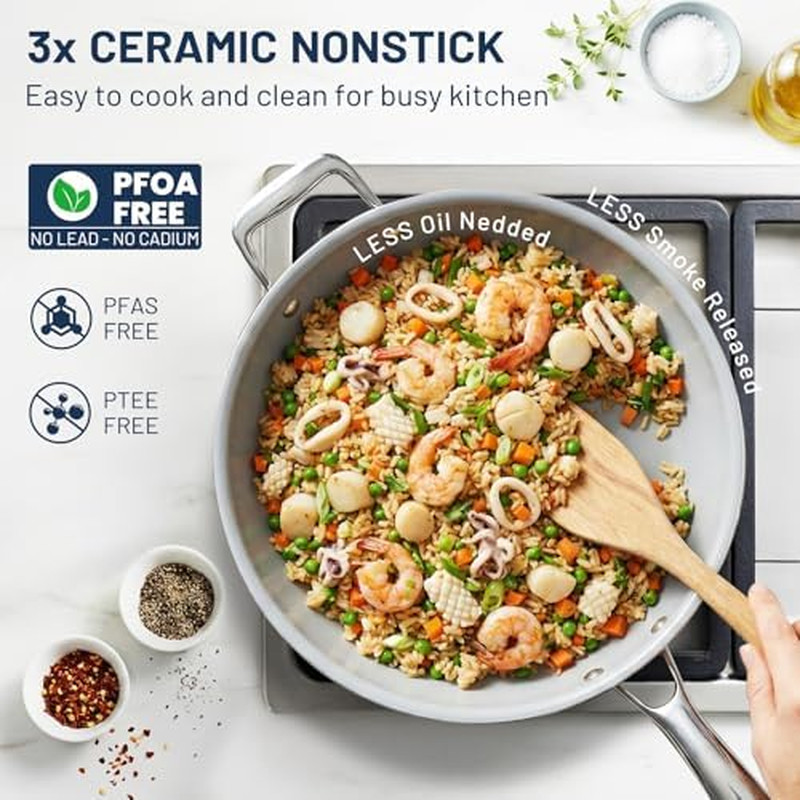 Ceramic Nonstick Frying Pan Set 4 Pack 12″ Deep Saute & 8/9.5/11 Inch Skillets