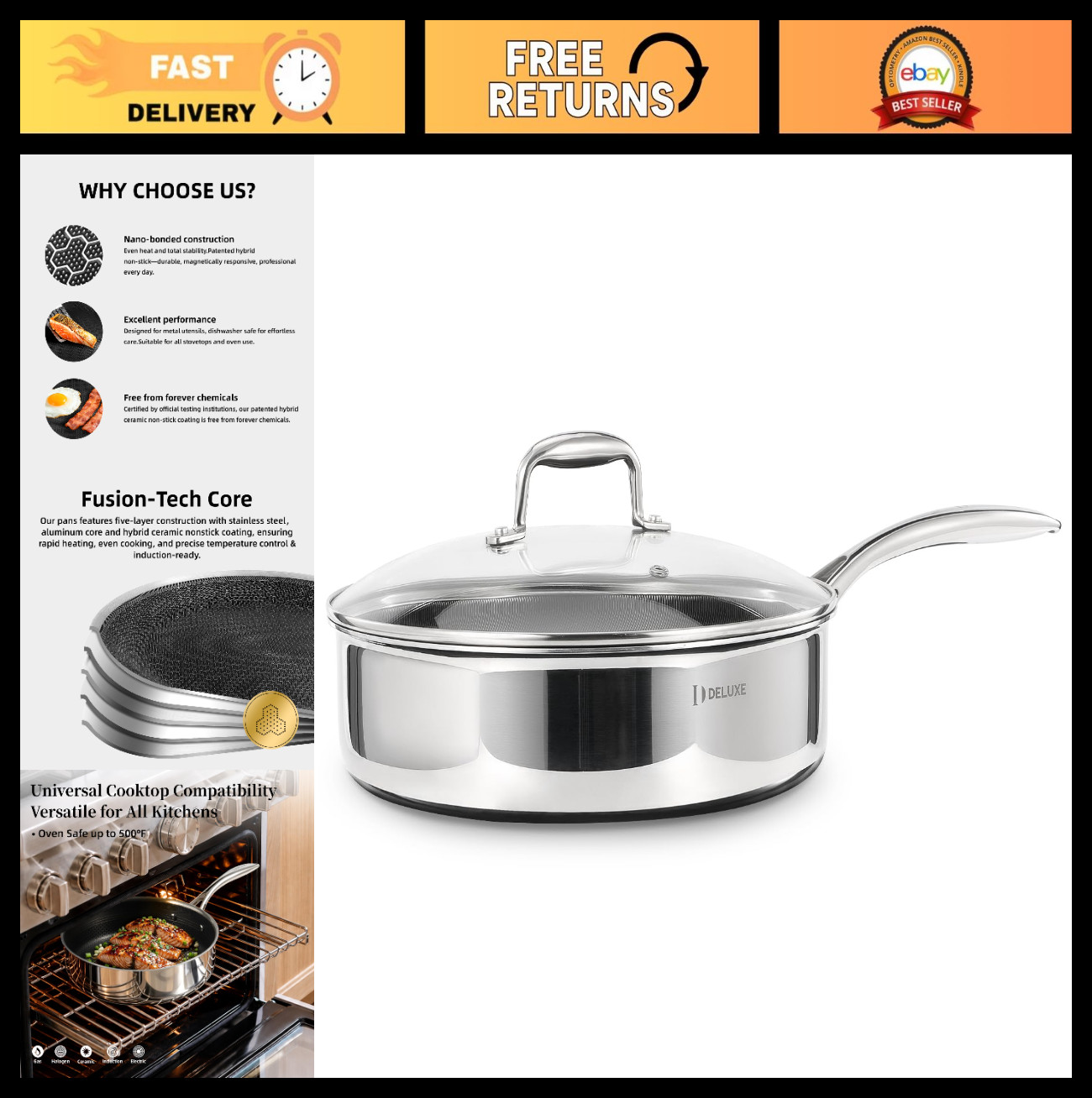 5 Qt Hybrid Ceramic Nonstick Deep Sauté Pan & Lid | Stay-Cool Handles, PFOA Free
