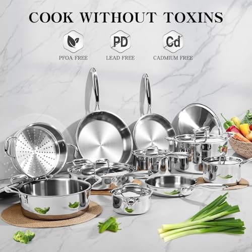 Stainless Steel Cookware Set, 3 Ply 17 Piece Stainless Steel Pot and Pan Set, Ov