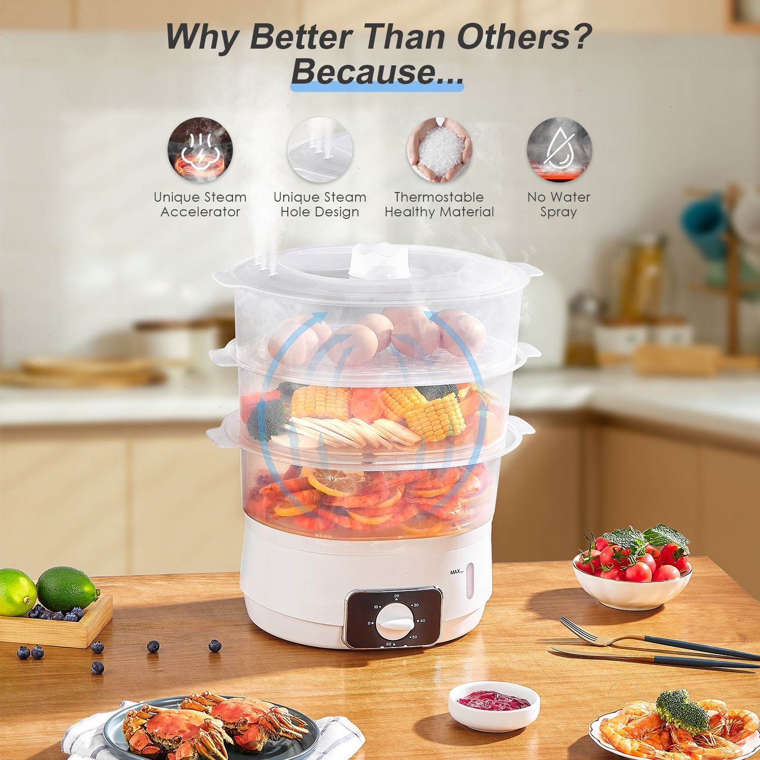 13.7QT Electric Food Steamer, 3-Tier, 800W, 60-Min Timer, BPA-Free Baskets