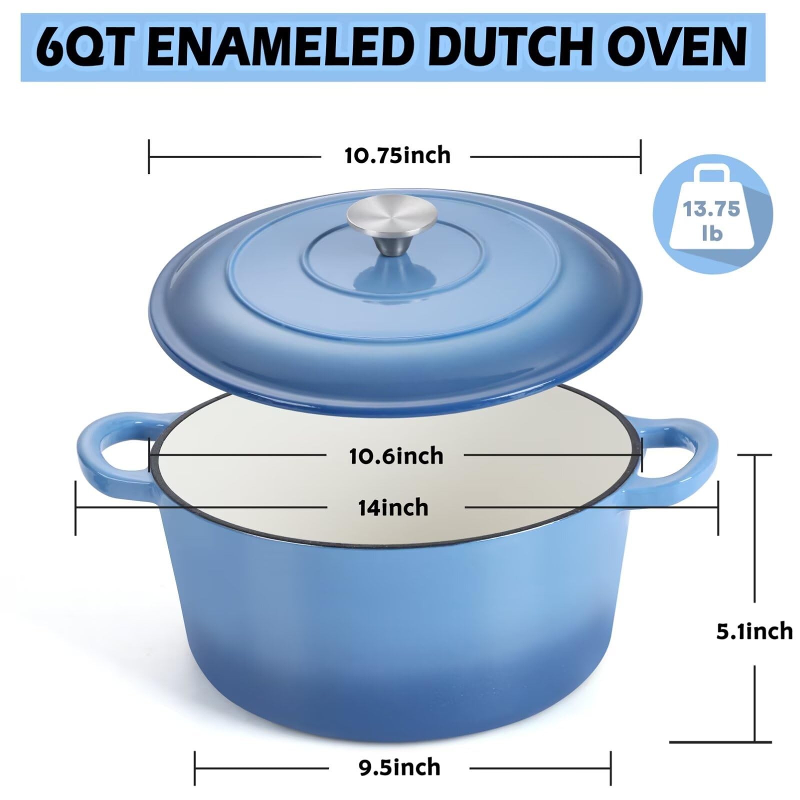 TeamFar 6QT Dutch Oven with Lid, Enameled Nonstick Cast Iron Dutch Oven Cooking