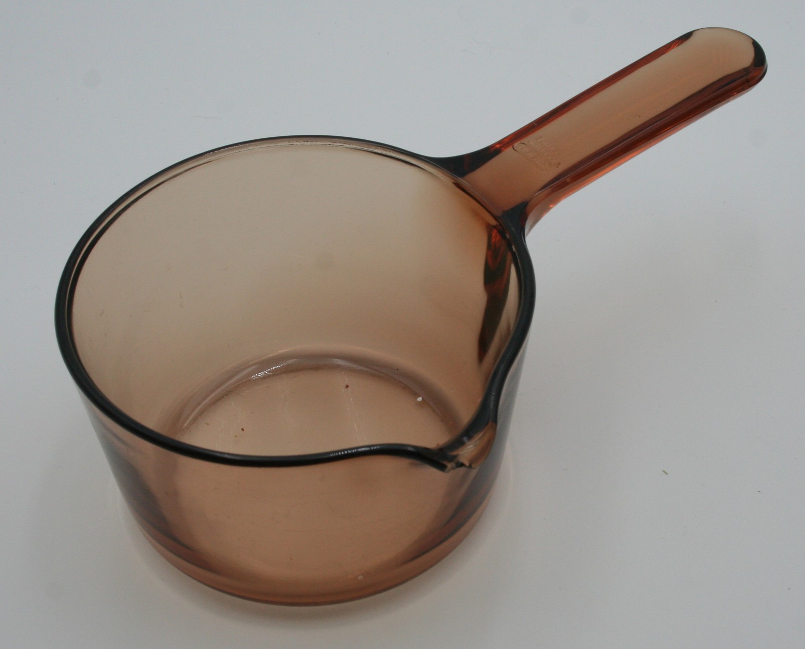 VTG Vision Corning Ware USA 1L Amber Glass Sauce Pan Pot Pour Spout No Lid READ