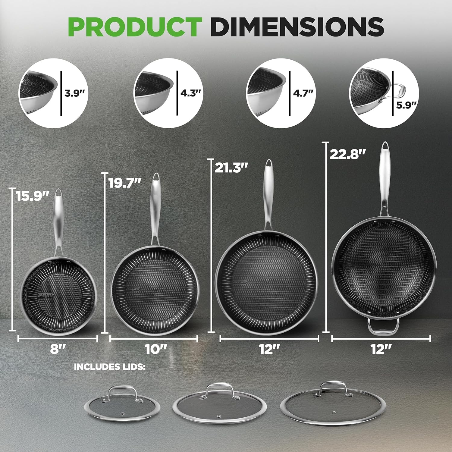 NutriChef 7-Piece Tri-Ply Stainless Steel Frying Pan Set & Wok – Nonstick, Ind