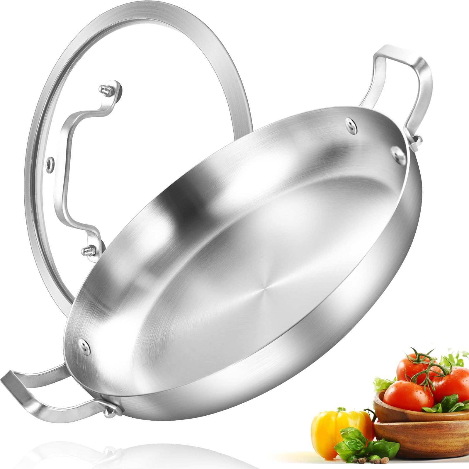 Inqibee 14 Inch Tri-Ply Stainless Steel Paella Pan with 14 Inch, Silver