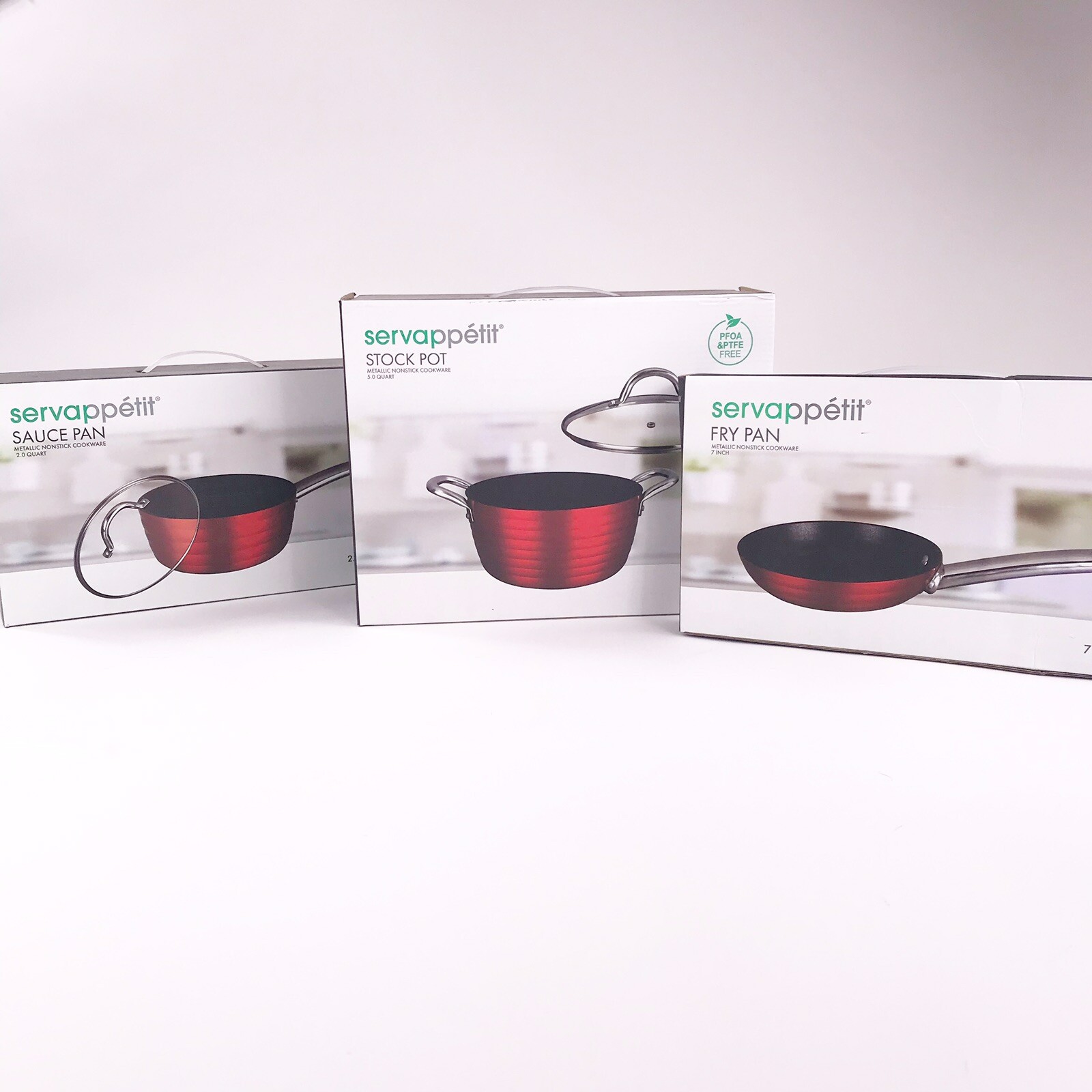 Servappetit Red Metallic 5 Qt. Stock Pot, 2 Qt Sauce Pan Glass Lids, 7in Fry Pan