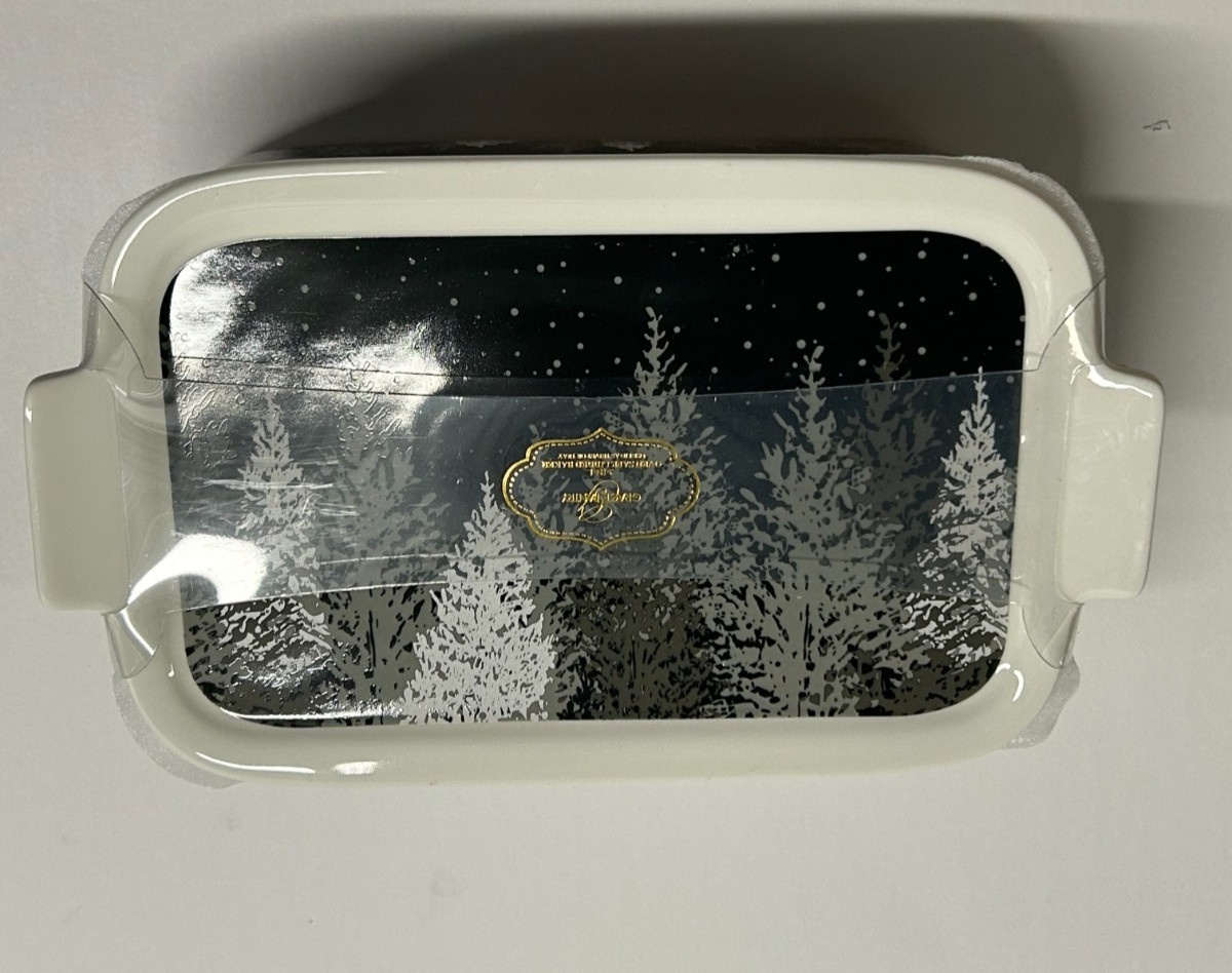 VHTF Grace Teaware Winter Black Grey Trees Rectangular Baker & Lid Casserole NEW