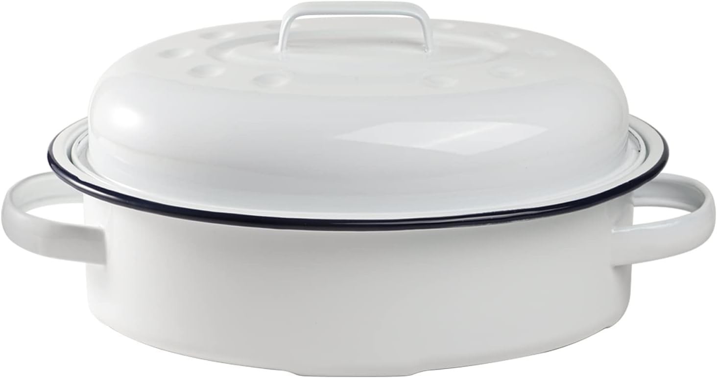 Webake Enameled Roasting Pan with Lid, Covered Roaster 15.5 Inch, White