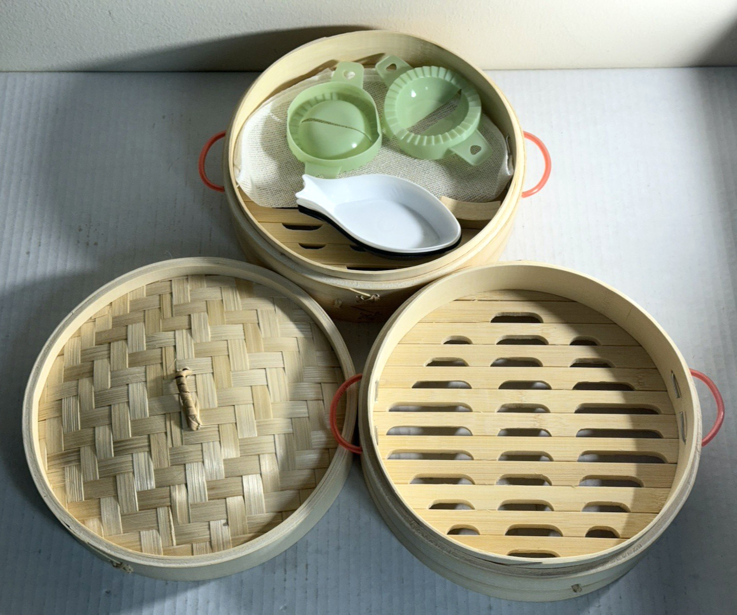 Oriental Style Bamboo Steamer Traditional Natural Stackable 2 Tiered 8″ NEW In B