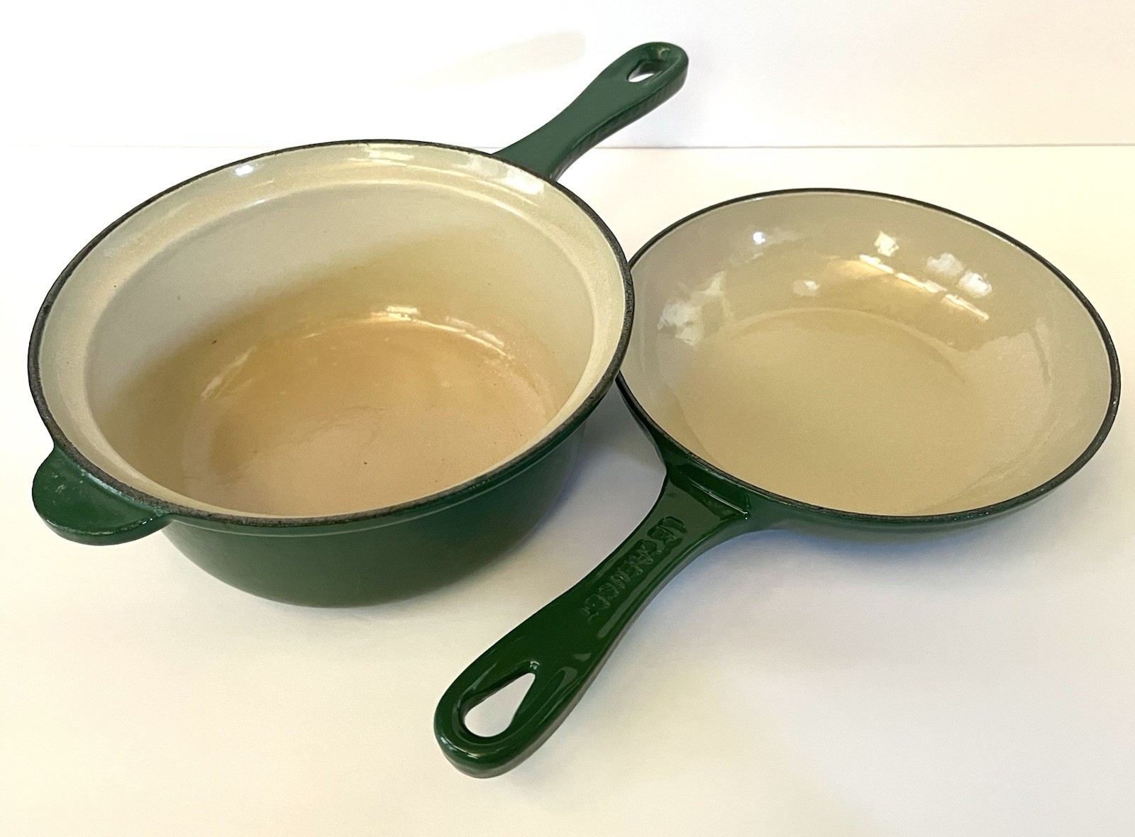 Le Creuset 18 Green Enameled Cast Iron Two in One 2 Qt Saucepan 7″ Skillet/Lid