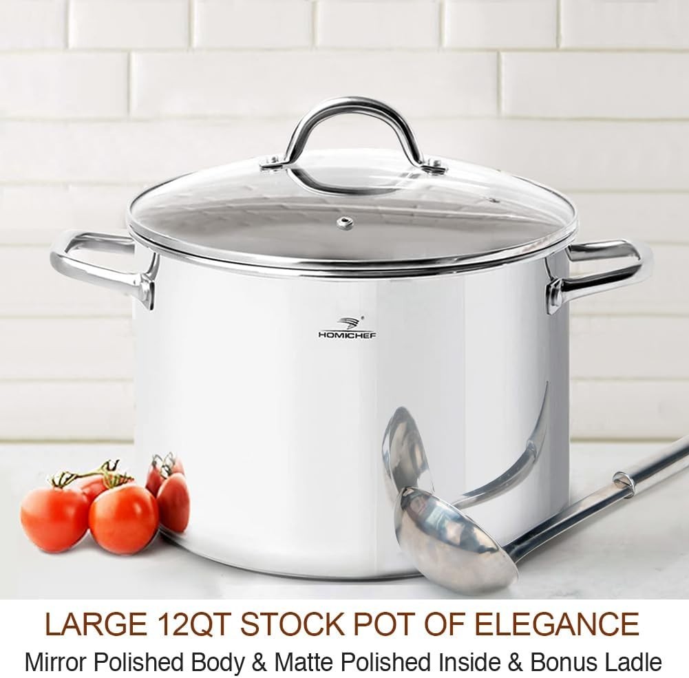 Commercial Grade 12 Quart Stock Pot with Glass Lid – Perfect for Soups & Stocks