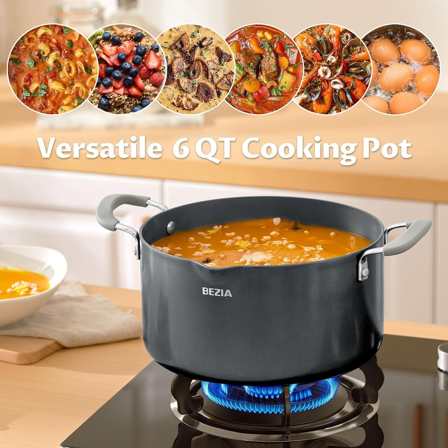 6 Quart Ceramic Non Stick Stock Pot with Strainer Lid & Pour Spout | PFAS-Fre…