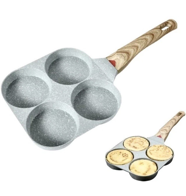 4 Hole Cup Egg Hamburger Pancake Maker Non-Stick Frying Pan with Wooden Handle❤️