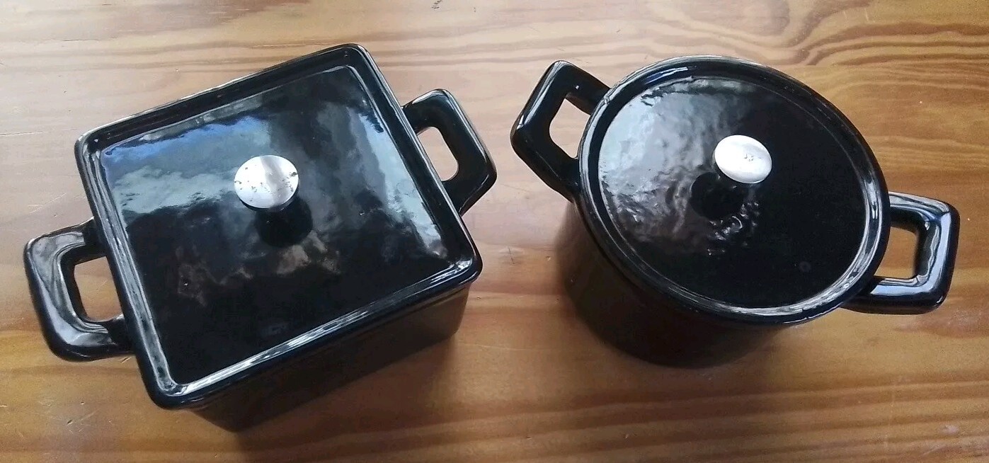 Rare Technique 4 Piece Mini Black Enameled Cast Iron Cooking Pots No Box