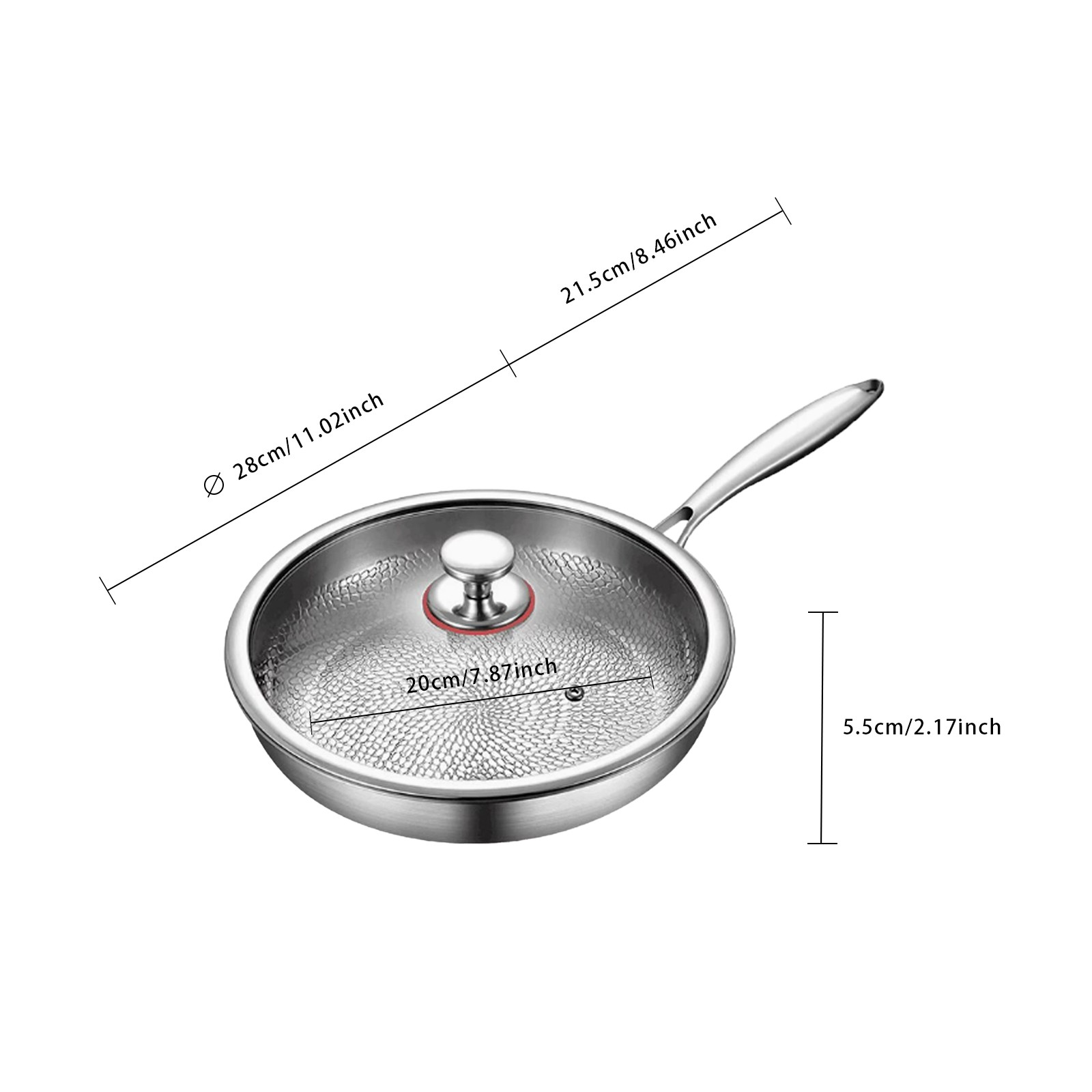 28cm Uncoated Frying Pan w/Lid, Kitchen Non Stick Titanium Pan Scratch-Resistant