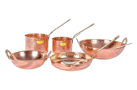 Pure Copper Cookware Set 5 Piece Set with Brass Handle and 5 Serving Spoon